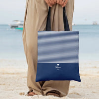 Nautical Striped Tote Bag | Navy Blue and White Breton Stripe Heart Design | Premium Twill Diamond-Grid Texture | Aesthetic Gift for Her