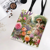 Victorian Garden Tote Bag | Vintage Lady in Cottage Rose Garden Art | Premium Twill Diamond-Grid Fabric | Gift for Art History Lover