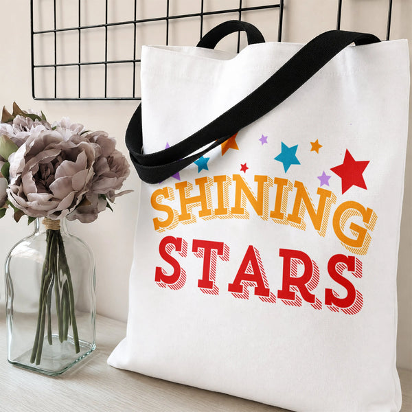 Shining Stars Tote Bag | Colorful Retro Star Typography Art | Premium Twill Diamond-Grid Texture | Uplifting Motivational Gif