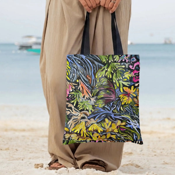 Tropical Botanical Tote Bag | Lush Jungle Foliage Watercolor Art | Premium Twill Diamond-Grid Fabric | Gift for Plant Lover a