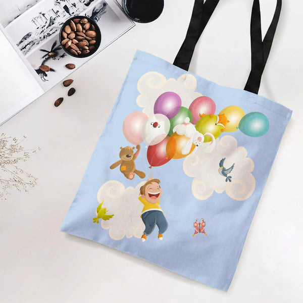 Balloon Adventure Tote Bag | Whimsical Child Flying with Animals Illustration | Premium Twill Diamond-Grid Fabric | Cute Gift
