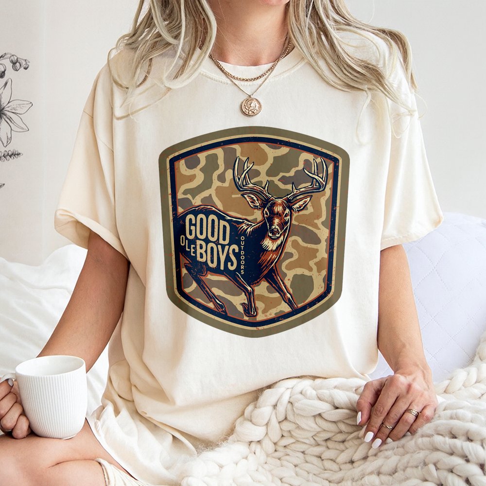 Good Ole Boys Outdoors T-Shirt Buck Deer Graphic With Camo Shield Southern Hunting T-Shirt For Country Men