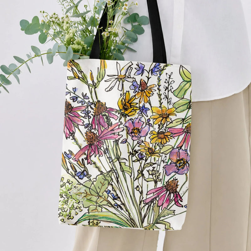 Wildflower Tote Bag | Watercolor Ink Sketch Coneflower & Black-Eyed Susan Bouquet | Premium Twill Fabric | Aesthetic Gift for Flower Lover
