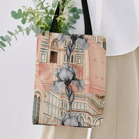 Florence Cathedral Iris Tote Bag | Italian Architecture with Botanical Line Art | Premium Twill Diamond-Grid Fabric | Aesthetic Gift for Italy Travel Lover