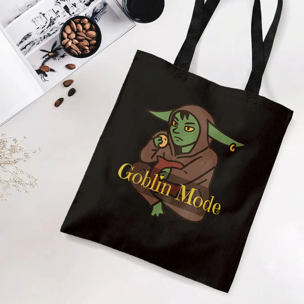 Goblin Mode Tote Bag | Funny Fantasy Goblin in Hooded Robe Cartoon Art | Premium Twill Diamond-Grid Texture | Gift for D&D an