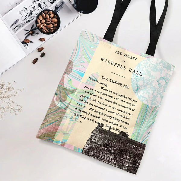 Tenant of Wildfell Hall Tote Bag | Anne Brontë Book Page Marbled Collage Art | Premium Twill Diamond-Grid Texture | Gift for 