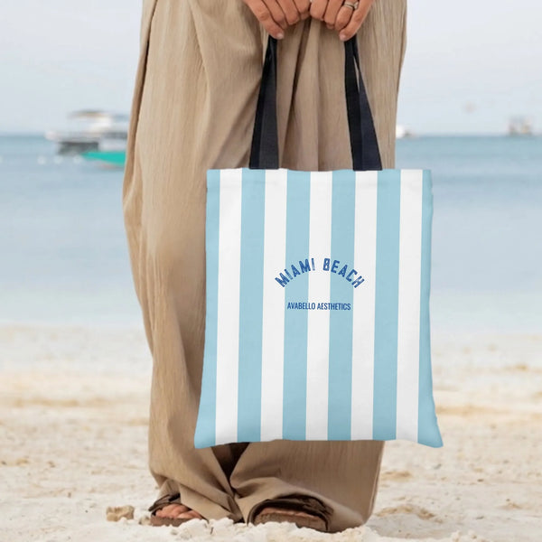 Miami Beach Tote Bag | Coastal Striped Design | Premium Composite Twill Fabric | Beach Aesthetic Gift for Her