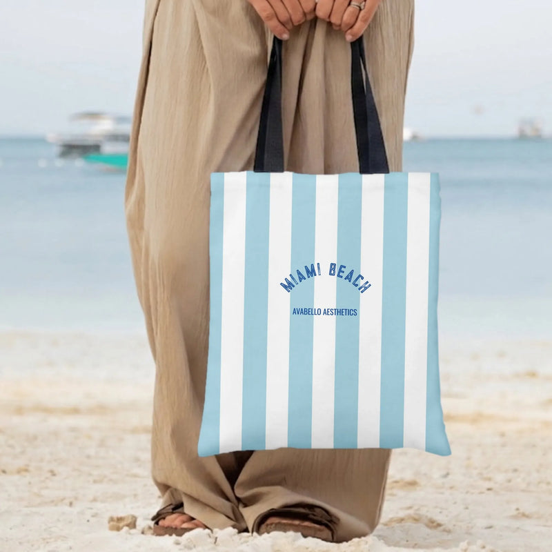 Miami Beach Tote Bag | Coastal Striped Design | Premium Composite Twill Fabric | Beach Aesthetic Gift for Her
