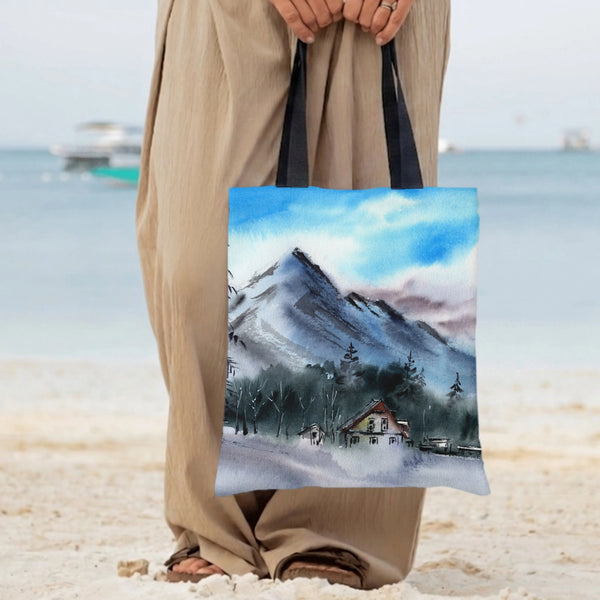 Mountain Landscape Tote Bag | Watercolor Alpine Village Pine Forest Art | Premium Twill Diamond-Grid Texture | Gift for Natur