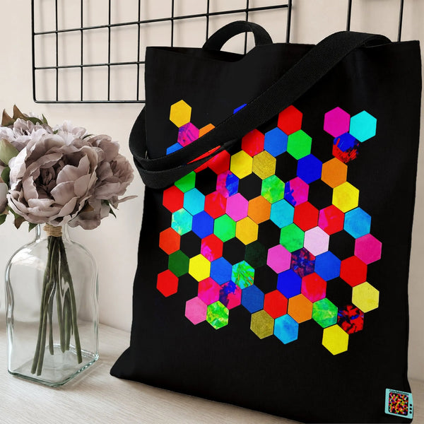Colorful Hexagon Tote Bag | Vibrant Geometric Pattern Design | Premium Twill Fabric | Gift for Art Lovers