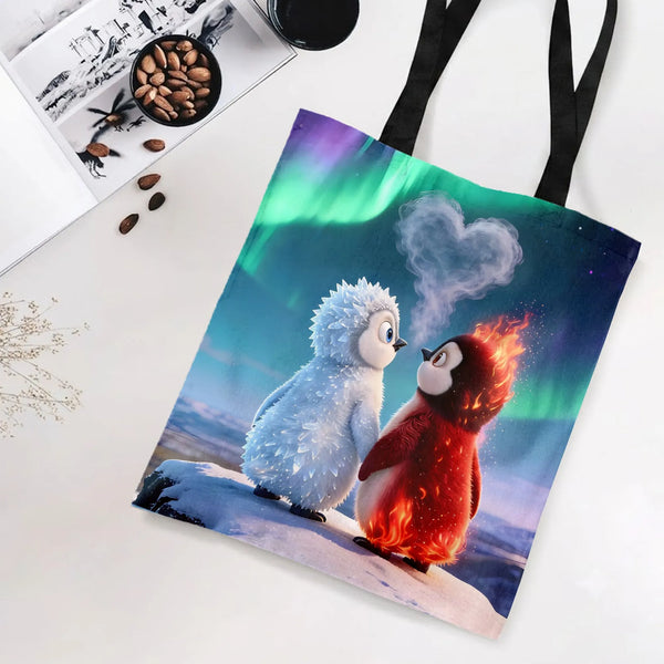 Fire and Ice Penguins Tote Bag | Cute Elemental Penguin Couple Northern Lights Art | Premium Twill Fabric | Romantic Valentin