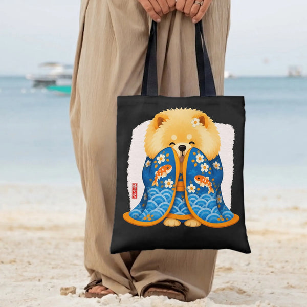 Shiba Inu Kimono Tote Bag | Cute Kawaii Dog in Blue Kimono with Koi Fish and Sakura Art | Premium Twill Fabric | Aesthetic Gi