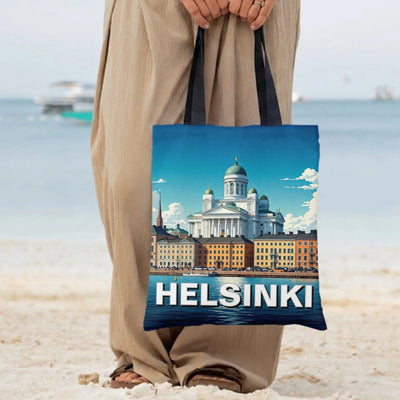 Helsinki Tote Bag | Vintage Travel Poster Cathedral Waterfront Cityscape Art | Premium Twill Diamond-Grid Texture | Unique Gift for Finland Travel Lovers