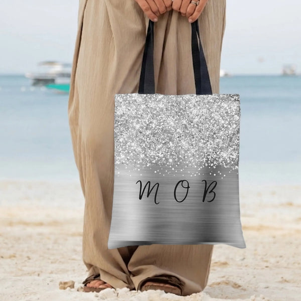 MOB Mother of the Bride Tote Bag | Silver Glitter Gradient with Black Script Lettering | Premium Twill Shopping Tote | Bridal