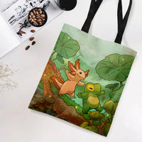 Axolotl and Frog Tote Bag | Cute Cartoon Forest Friends Firefly Illustration | Premium Twill Diamond-Grid Fabric | Gift for Axolotl Lover