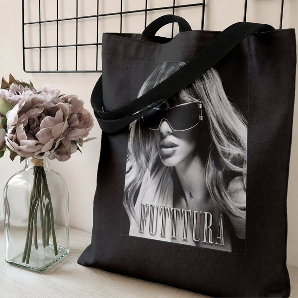 Futuristic Glam Woman Tote Bag | Black and White Fashion Portrait Sunglasses Art | Premium Composite Twill Fabric | Aesthetic