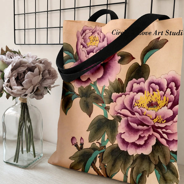 Peony Tote Bag | Vintage Botanical Floral Illustration | Premium Twill Fabric with Diamond-Grid Texture | Aesthetic Gift for 