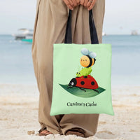 Cute Bug Stack Tote Bag | Kawaii Ladybug Bee Grasshopper on Leaf Illustration | Premium Twill Diamond-Grid Texture | Adorable Gift for Insect Lovers