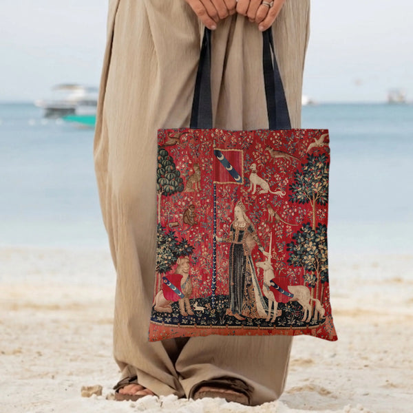 Lady and the Unicorn Tote Bag | Medieval Tapestry Art with Lion and Unicorn | Premium Twill Diamond-Grid Fabric | Gift for Ar