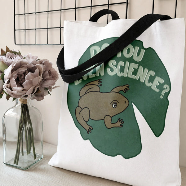 Frog Science Tote Bag | Do You Even Science Funny Cartoon Frog on Lily Pad Art | Premium Twill Diamond-Grid Texture | Gift fo