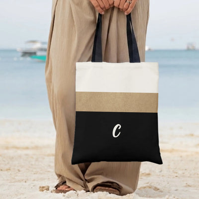 Monogram Initial Tote Bag | Color Block White Gold Black Striped Design | Premium Twill Fabric | Chic Personalized Gift for Her