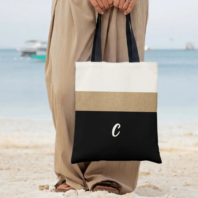 Monogram Initial Tote Bag | Color Block White Gold Black Striped Design | Premium Twill Fabric | Chic Personalized Gift for Her