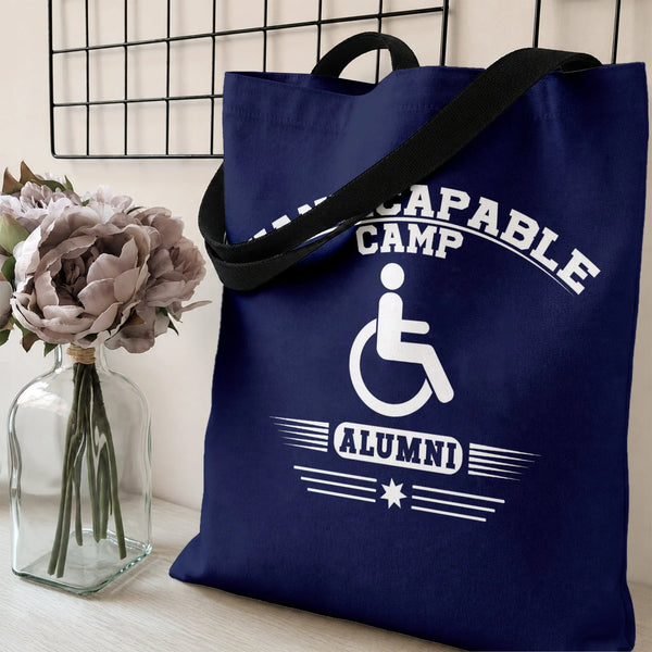 Handicapable Camp Alumni Tote Bag | Funny Wheelchair Disability Pride Design | Premium Twill Diamond-Grid Texture | Unique Gi