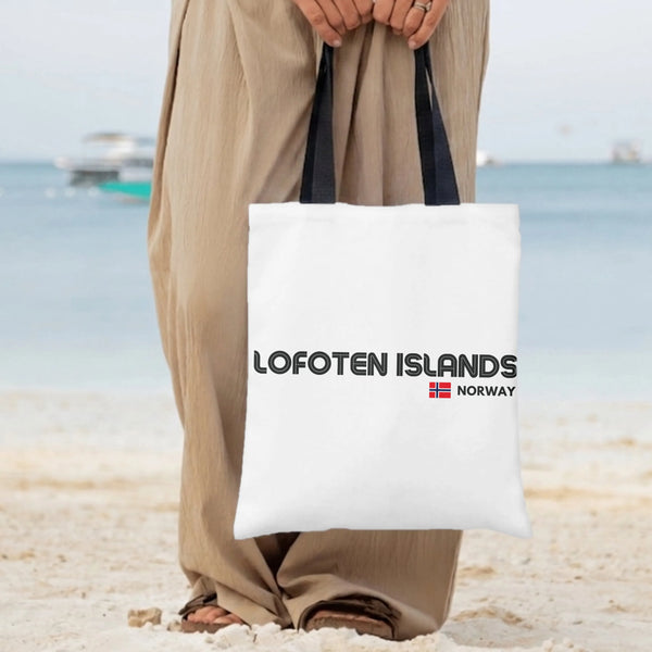 Lofoten Islands Norway Tote Bag | Scandinavian Travel Destination Typography Design | Premium Twill Diamond-Grid Texture | Gi