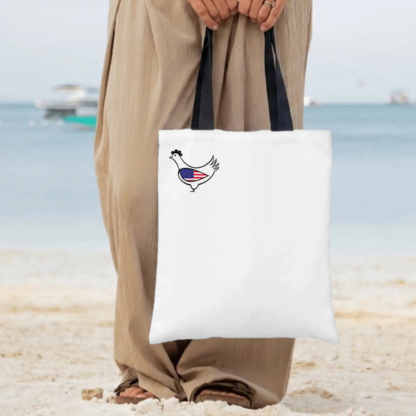 Patriotic Chicken Tote Bag | American Flag Hen Cartoon Art | Premium Twill Diamond-Grid Texture | Unique Gift for Chicken Lov
