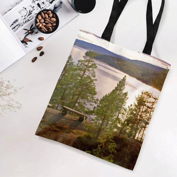 Lake Forest Landscape Tote Bag | Serene Pine Trees & Mountain Lake Photography | Premium Twill Diamond-Grid Texture | Gift fo