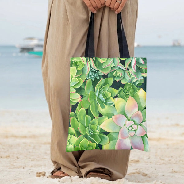 Succulent Tote Bag | Watercolor Botanical Garden Art Print | Premium Twill Diamond-Grid Texture | Aesthetic Gift for Plant Lo
