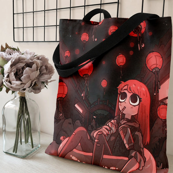 Red Lantern Girl Tote Bag | Cute Anime Art Japanese Street Night Scene | Premium Twill Composite Fabric | Aesthetic Gift for 