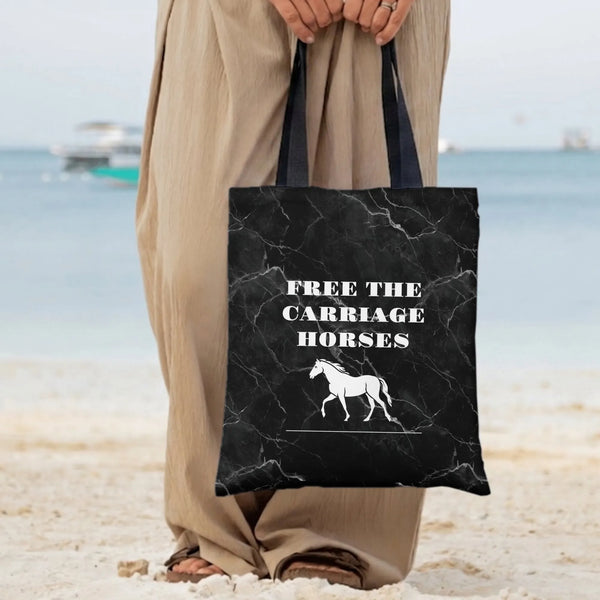Free the Carriage Horses Tote Bag | Animal Rights Horse Silhouette on Black Marble | Premium Composite Twill Fabric | Gift fo