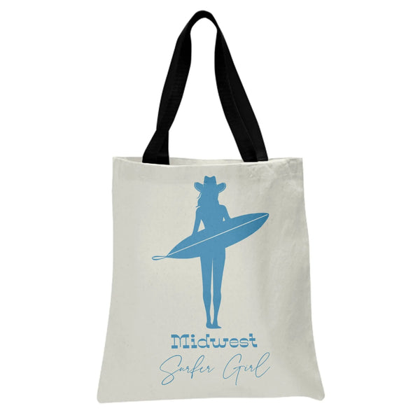 Midwest Surfer Girl Tote Bag | Cowgirl Surfboard Silhouette Art | Premium Twill Diamond-Grid Texture | Trendy Beach Lover Gif