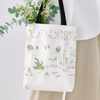 Under the Sea Tote Bag | Whimsical Hand-Drawn Ocean Jellyfish and Seaweed Sketch Art | Premium Twill Diamond-Grid Texture | Gift for Marine Life Lovers