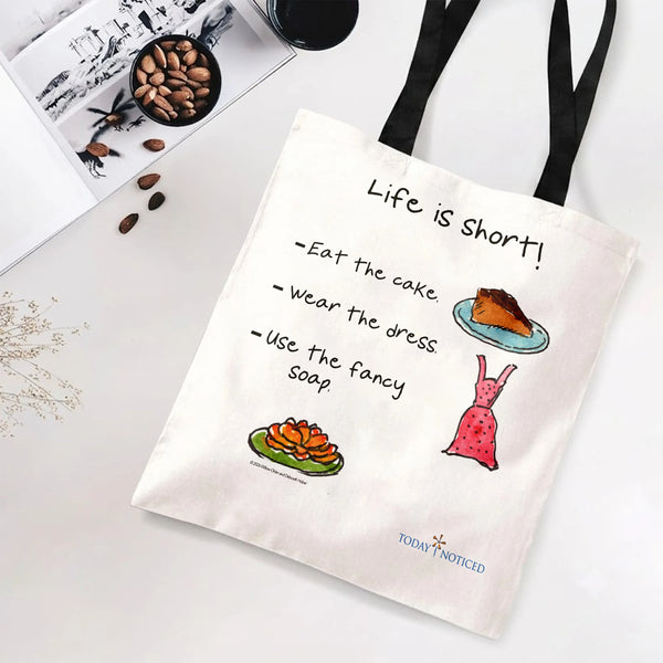 Life Is Short Tote Bag | Funny Eat the Cake Watercolor Illustration | Premium Twill Diamond-Grid Texture | Inspirational Gift