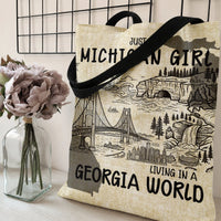 Michigan Girl Living in Georgia World Tote Bag | Vintage State Landmarks Illustration | Premium Twill Diamond-Grid Texture | Gift for Michigan Transplant in Georgia