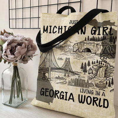 Michigan Girl Living in Georgia World Tote Bag | Vintage State Landmarks Illustration | Premium Twill Diamond-Grid Texture | Gift for Michigan Transplant in Georgia