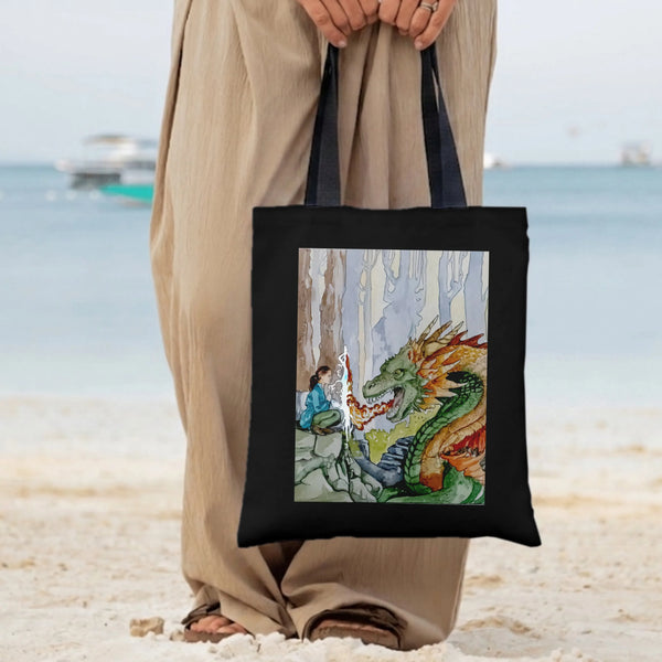 Dragon Tote Bag | Girl and Fire-Breathing Dragon Watercolor Fantasy Art | Premium Twill Structured Bag | Gift for Fantasy Boo