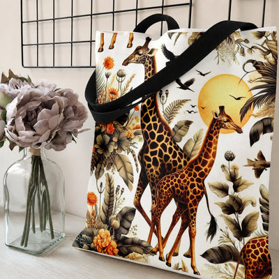 Giraffe Tote Bag | African Safari Botanical Sunset Illustration | Premium Twill Diamond-Grid Texture | Gift for Wildlife Animal Lover