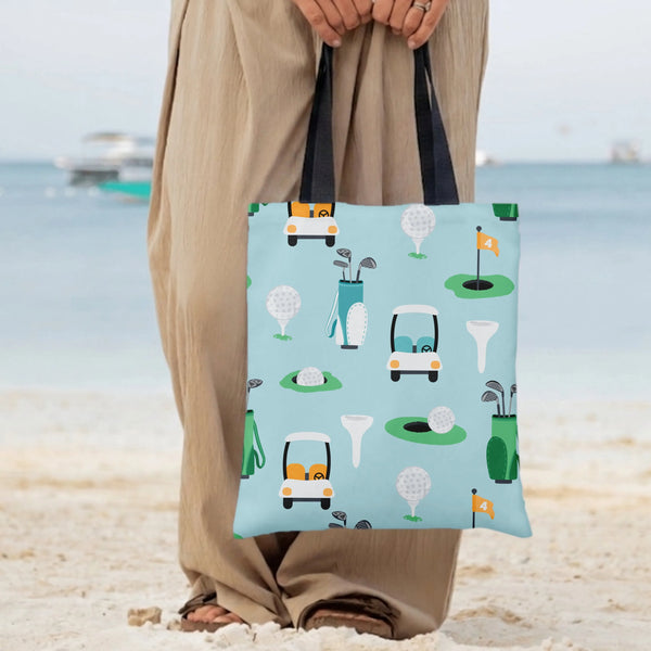 Golf Tote Bag | Cute Golf Carts Clubs and Putting Greens Pattern | Premium Twill Fabric | Gift for Golf Lover