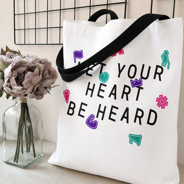 Let Your Heart Be Heard Tote Bag | Bold Typography with Colorful Empowerment Icons | Premium Twill Fabric Tote | Empowerment 