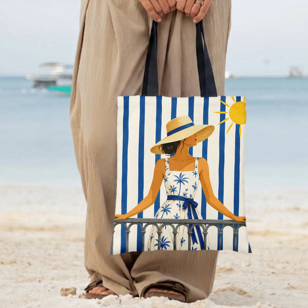 Mediterranean Woman Tote Bag | Chic Riviera Balcony Sun Hat Palm Tree Illustration | Premium Twill Fabric | Aesthetic Summer 
