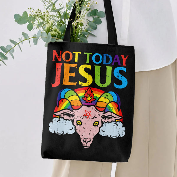 Not Today Jesus Baphomet Tote Bag | Rainbow Satanic Goat Distressed Graphic Art | Premium Twill Diamond-Grid Texture | Edgy G