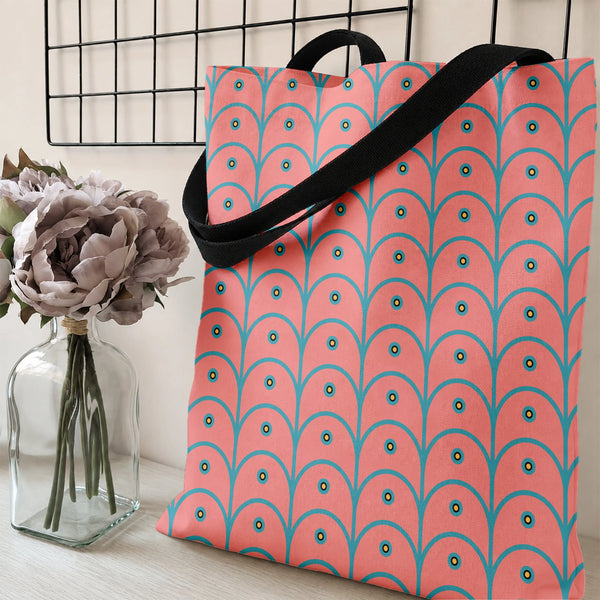 Peacock Feather Pattern Tote Bag | Coral Pink Art Deco Scallop Design | Premium Twill Fabric Structured Bag | Aesthetic Gift 
