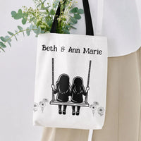 Best Friends on Swing Tote Bag | Personalized Sisters Silhouette with Wildflowers Art | Premium Twill Diamond-Grid Texture | Sentimental Gift for Best Friend