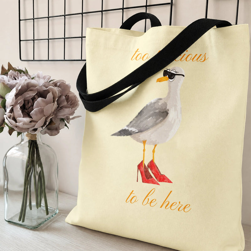 Funny Seagull Tote Bag | Sassy Bird in Red Heels and Sunglasses Too Precious To Be Here | Premium Twill Canvas Bag | Humorous Gift for Bird Lovers