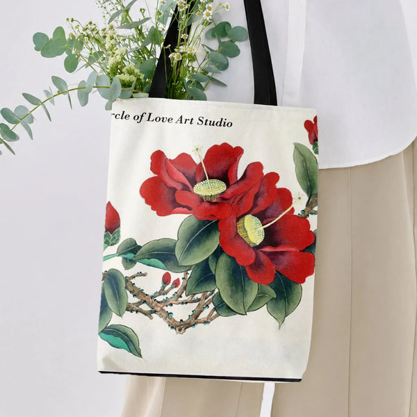Red Camellia Tote Bag | Traditional Chinese Watercolor Botanical Art | Premium Twill Diamond-Grid Texture | Aesthetic Gift fo