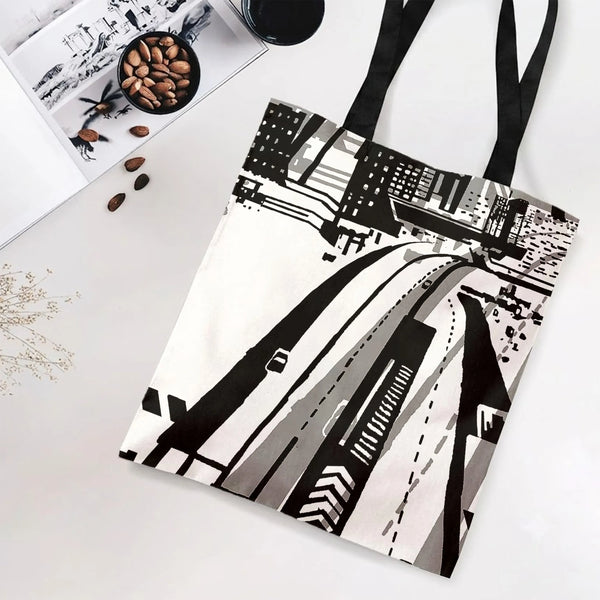 Urban Cityscape Tote Bag | Black and White Aerial Street View Art | Premium Composite Twill Fabric | Aesthetic Gift for Archi