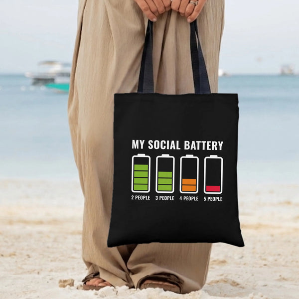 Social Battery Tote Bag | Funny Introvert My Social Battery Charge Chart | Premium Twill Fabric | Humorous Gift for Introvert